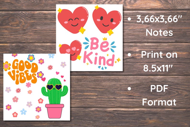 Puede incluir: Descarga digital imprimible de dos tarjetas de 3,66x3,66 pulgadas. La primera tarjeta presenta un cactus con gafas de sol con el texto "Good Vibes". La segunda tarjeta presenta un coraz&oacute;n con el texto "Be Kind".