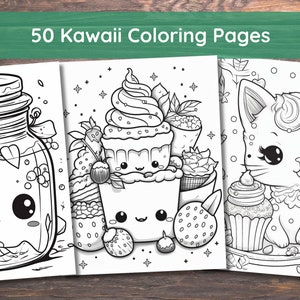 Kawaii Coloring Pages | 50 Pages | Cute Coloring Pages | For Kids and Adults | Digital Download | 8.5x11"