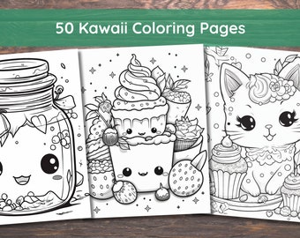 Kawaii Coloring Pages | 50 Pages | Cute Coloring Pages | For Kids and Adults | Digital Download | 8.5x11"