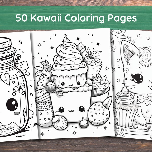 Kawaii Coloring Pages | 50 Pages | Cute Coloring Pages | For Kids and Adults | Digital Download | 8.5x11"