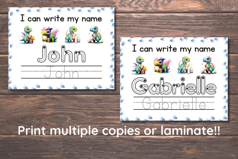 May include: Two printable worksheets featuring colorful cartoon dragons. Each worksheet has a name at the top, "John" and "Gabrielle", with dotted lines for tracing the letters. The text "I can write my name" is at the top of each worksheet.