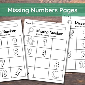 May include: Three black and white printable worksheets with the title "Missing Number" and instructions to "Write the missing numbers". Each worksheet has a grid with numbers 1 through 10, with some numbers missing. The first worksheet has a dog, bone, and magnifying glass. The second worksheet has a sun, moon, and magnifying glass. The third worksheet has a chicken, eggs, and a circle.