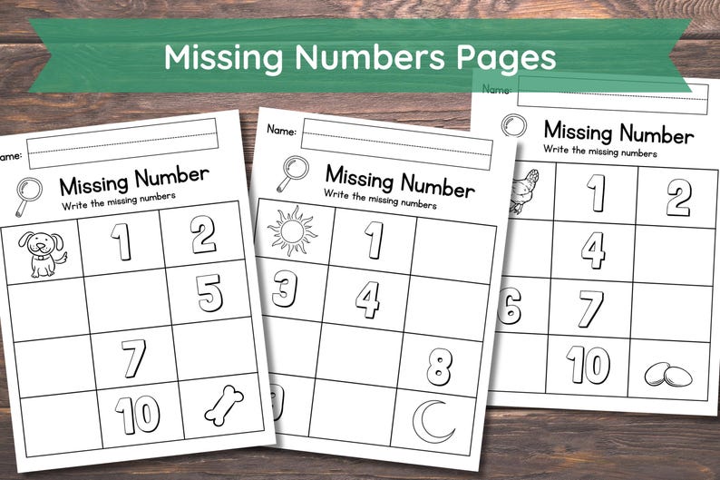 May include: Three black and white printable worksheets with the title "Missing Number" and instructions to "Write the missing numbers". Each worksheet has a grid with numbers 1 through 10, with some numbers missing. The first worksheet has a dog, bone, and magnifying glass. The second worksheet has a sun, moon, and magnifying glass. The third worksheet has a chicken, eggs, and a circle.