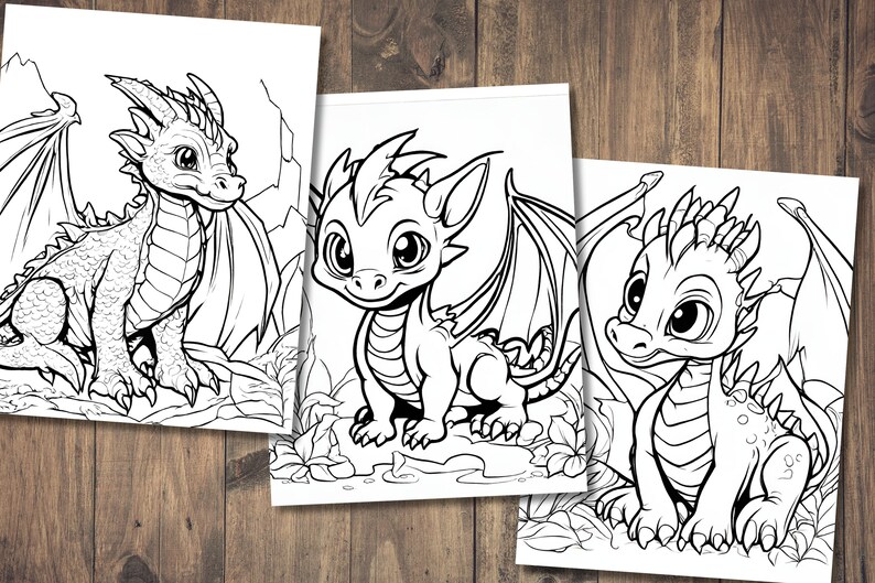 May include: Three black and white line drawings of cute baby dragons with wings. Each dragon is sitting on a rock with leaves and flowers around them.