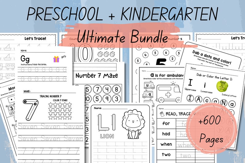 Preschool Pre-K Kindergarten Learning Bundle 600 Pages Printable Activity Worksheets Coloring Dot To Dot Tracing Alphabet image 1