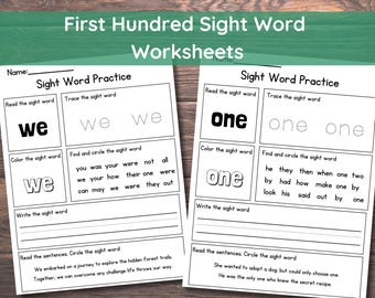 100 Sight Word Worksheets PDF | Fry’s First 100 Sight Words Kindergarten‑1st Grade | Reading, Tracing, Writing & Spelling Practice Printable