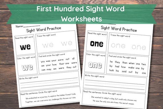100 Sight Word Worksheets PDF | Fry’s First 100 Sight Words Kindergarten‑1st Grade | Reading, Tracing, Writing & Spelling Practice Printable