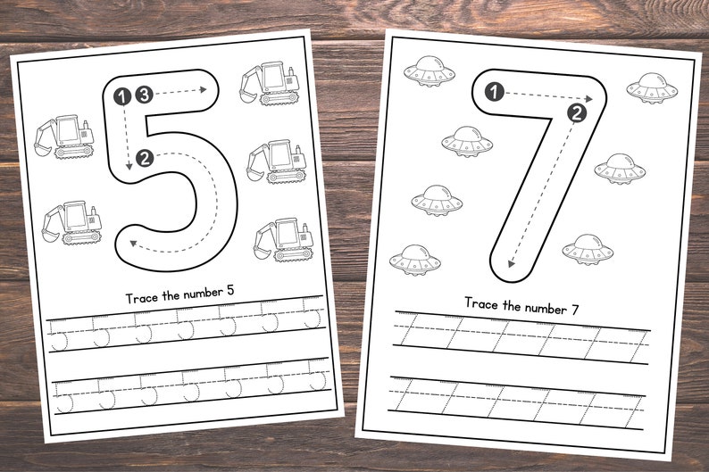 May include: Black and white printable worksheet for kids to practice tracing the numbers 5 and 7. The worksheet features illustrations of construction vehicles and spaceships to help guide the child's tracing.