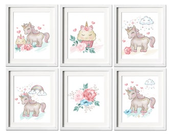 Set of 6 Unicorn Watercolor Wall Art, Printable Unicorn Art, Teen Girls Room Decor Prints, Unicorn Gold Glitter, Pink Blush,Cloud Rainbow