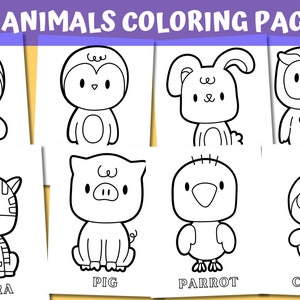May include: A set of 36 black and white animal coloring pages. The pages feature a variety of animals, including a penguin, a pig, a parrot, and a chick. Each page has a simple outline of the animal, ready to be colored in.