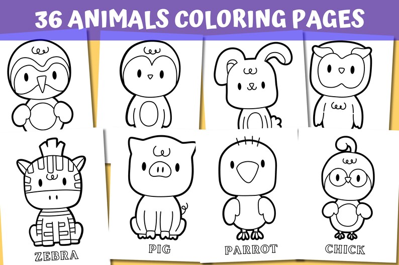 May include: A set of 36 black and white animal coloring pages. The pages feature a variety of animals, including a penguin, a pig, a parrot, and a chick. Each page has a simple outline of the animal, ready to be colored in.
