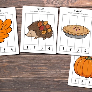 May include: Four printable puzzle sheets featuring autumn themes including an orange oak leaf, a brown hedgehog with colorful leaves, a round pie, and an orange pumpkin. Each sheet has the text Puzzle, Print, laminate, cut and start puzzling.