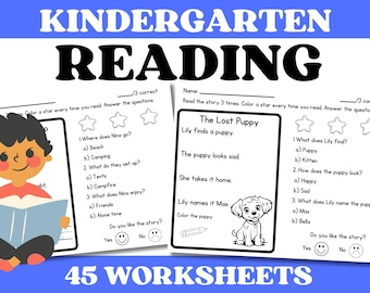 Hojas de trabajo de lectura para jardín de infantes en casa / Pasajes de comprensión / Tutoría en el aula de educación en casa / Hojas de trabajo de lectura combinada para preescolar