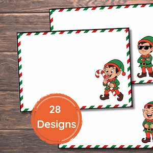 Può includere: Carta da lettere a tema natalizio con bordo rosso, verde e bianco. Il design presenta elfi dei cartoni animati con bastoncini di zucchero e occhiali da sole. Il cerchio arancione indica 28 disegni.