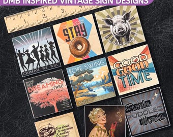 Nine Sticker Set - DMB inspired vintage designs by Tiffany - Each sticker is 2" square