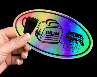 sticker - dmb inspired - SMLAM - shake me - coffee with toast and jelly - rainbow foil vinyl - 5"