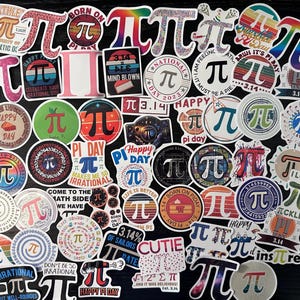 May include: A collection of colorful stickers featuring the mathematical symbol pi (π). The stickers have various designs, including text like "Happy Pi Day," "3.14," and "Irrational." The stickers are in various shapes and sizes.