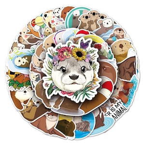May include: A set of colorful stickers featuring cute cartoon otters in various poses. The stickers have a variety of designs, including otters holding flowers, otters swimming, and otters wearing hats. The stickers are perfect for adding a touch of whimsy to laptops, water bottles, journals, and more.