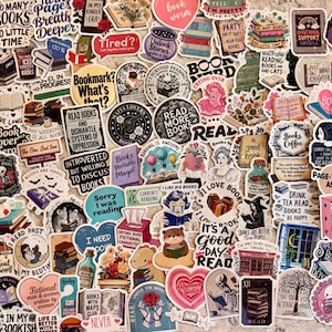 May include: A collection of assorted vinyl stickers featuring book-themed illustrations, colorful typography, and literary quotes. The designs include stacks of books, skeletons, hearts, and whimsical characters in various shapes and sizes.