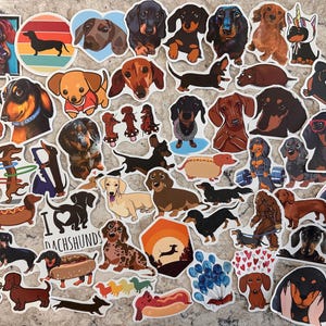 May include: A collection of colorful dachshund stickers featuring various designs. The stickers showcase dachshunds in different poses, with accessories, and in various settings. Some stickers include text like "I Dachshunds".
