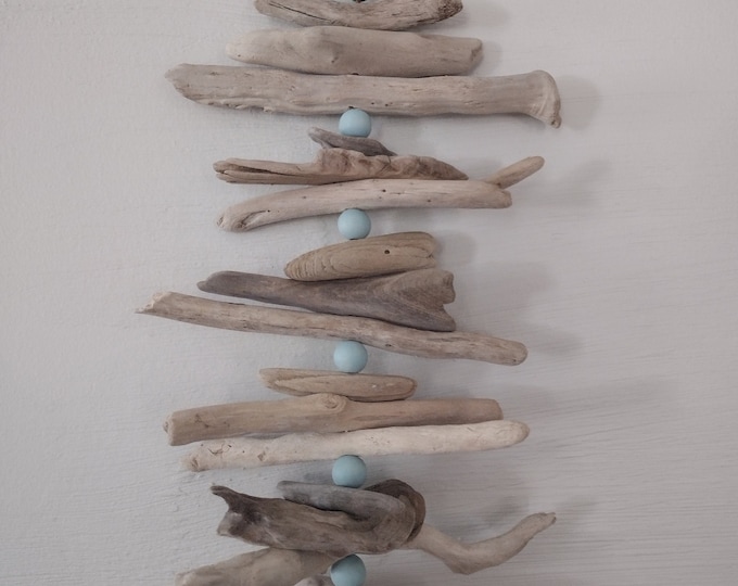 Driftwood Garland: Boho Coastal Wall Hanging with Seafoam Beads