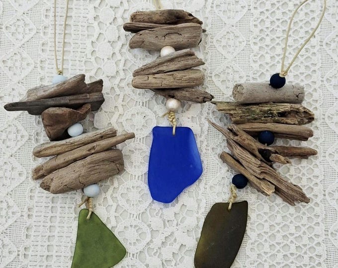 Driftwood Christmas Ornament: Sea Glass/Recycled Glass Coastal Tree Decor