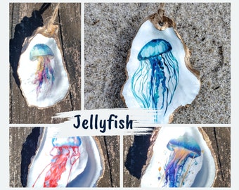 Oyster Shell Ornament | Jellyfish Ornament | Teal Watercolor Jellyfish Gilded Shell Ornament | Handmade Home Décor & Gift