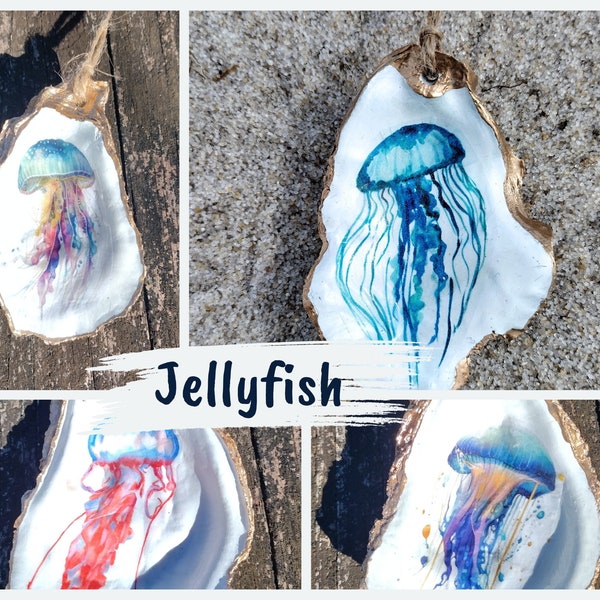 Oyster Shell Ornament | Jellyfish Ornament | Teal Watercolor Jellyfish Gilded Shell Ornament | Handmade Home Décor & Gift