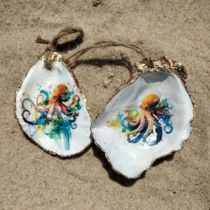 Watercolor Octopus Oyster Shell Ornament: Gilded Coastal Christmas Decor