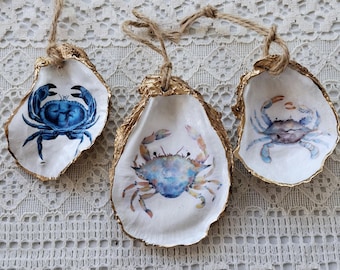 Oyster Shell Ornament | Crab Ornament | Watercolor Crab Gilded Seashell Ornament | Coastal Christmas | Handmade Home Décor and Gift