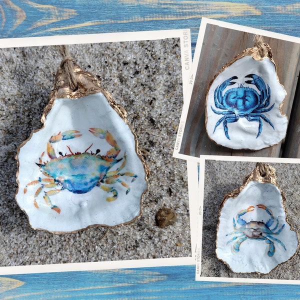 Oyster Shell Ornament | Crab Ornament | Watercolor Crab Gilded Seashell Ornament | Coastal Christmas | Handmade Home Décor and Gift