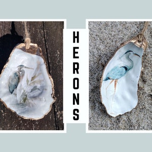 Oyster Shell Ornament | Watercolor Blue Heron Gilded Seashell Ornament | Coastal Christmas | Handmade Home Décor and Gift