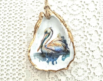 Watercolor Pelican Oyster Shell Ornament: Coastal Christmas Decor