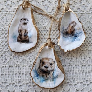 Oyster Shell Ornament | Watercolor Otter Gilded Seashell Ornament | Coastal Christmas | Handmade Home Décor and Gift