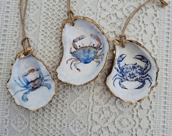 Watercolor Crab Oyster Shell Ornament: Coastal Christmas Decor
