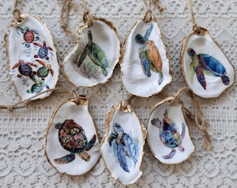 Oyster Shell Ornament | Turtle Ornament | Watercolor Sea Turtle Gilded Seashell Ornament | Coastal Christmas | Handmade Home Décor and Gift