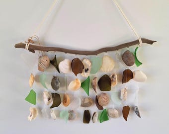 Sea Glass and Shell Mobile: Driftwood Wind Chime, Beachy Boho Decor