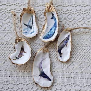 Oyster Shell Ornament | Watercolor Blue Whale Gilded Seashell Ornament | Coastal Christmas | Handmade Home Décor and Gift