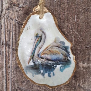 Watercolor Pelican Oyster Shell Ornament: Coastal Christmas Decor