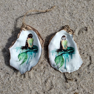 Oyster Shell Ornament | Mermaid Ornament | Green Watercolor Mermaid Gilded Shell Ornament | Coastal Christmas | Handmade Home Décor & Gift