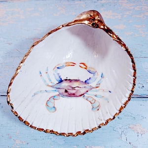 Cockle Shell Ring Dish | Watercolor Blue Crab Ring Dish | Coastal Handmade Décor and Gift