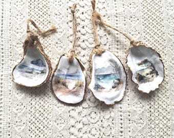 Ornement de coquille d'huître de plage aquarelle : décoration de Noël côtière