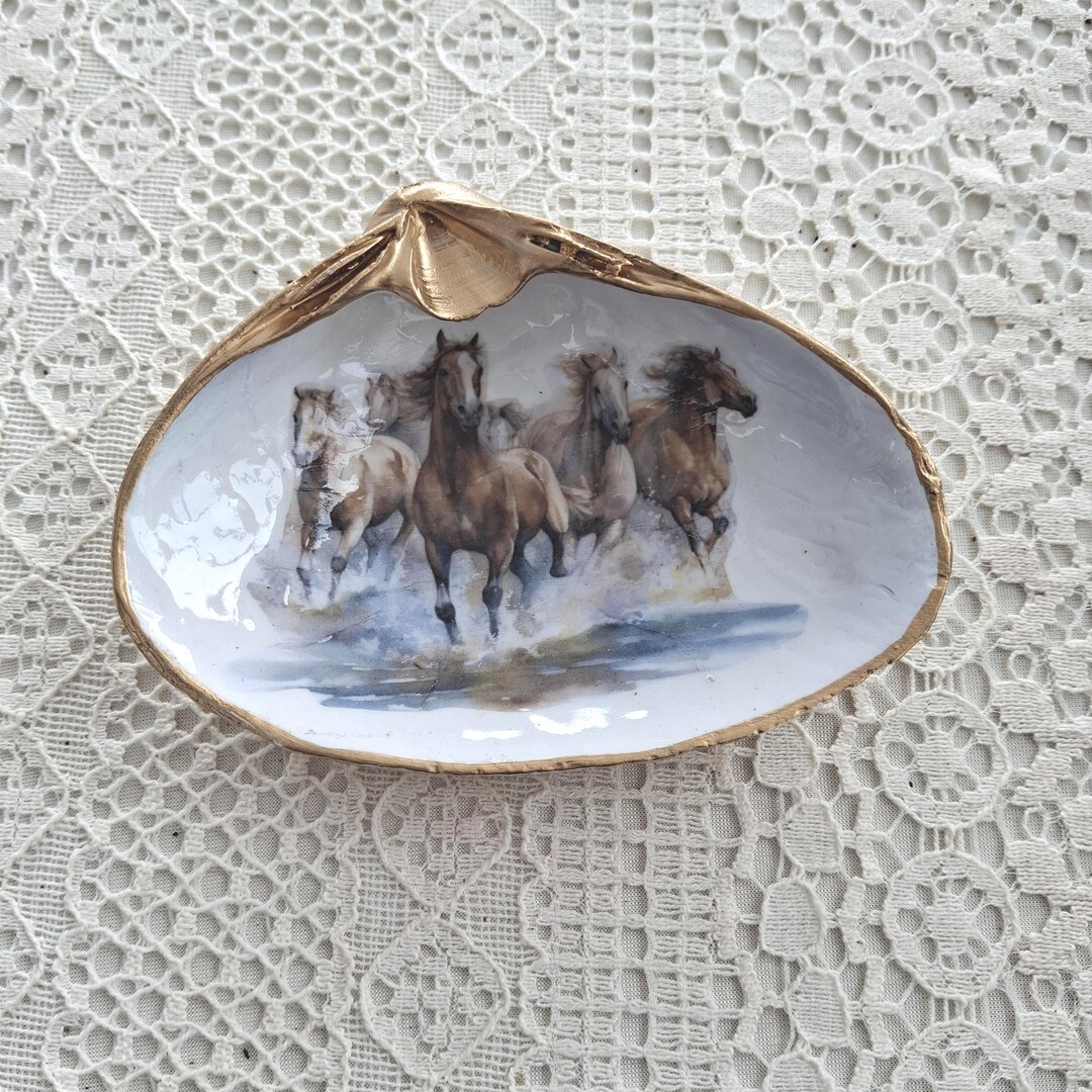 Clam Shell Ring Dish: Watercolor Horse Handmade Coastal Decor With Gold ...