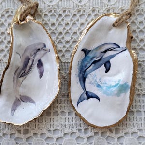 Oyster Shell Ornament | Dolphin Ornament | Gray Watercolor Dolphin Gilded Seashell Ornament | Handmade Home Décor & Gift
