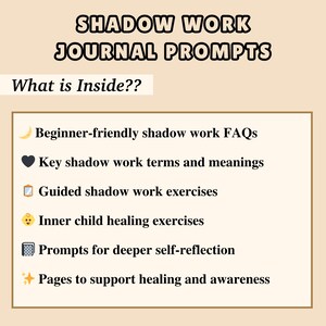 Pu&ograve; includere: Grafica beige con il testo "SHADOW WORK JOURNAL PROMPTS" e "What is Inside??". La grafica elenca le FAQ sul lavoro ombra per principianti, i termini chiave, gli esercizi, gli esercizi di guarigione del bambino interiore, i suggerimenti e le pagine per la guarigione.