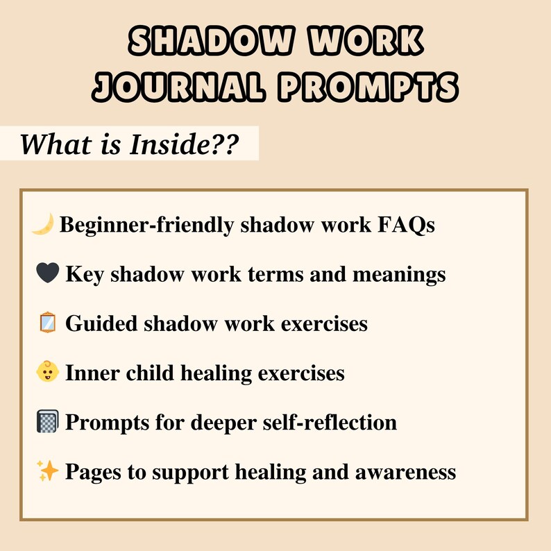 Pu&ograve; includere: Grafica beige con il testo "SHADOW WORK JOURNAL PROMPTS" e "What is Inside??". La grafica elenca le FAQ sul lavoro ombra per principianti, i termini chiave, gli esercizi, gli esercizi di guarigione del bambino interiore, i suggerimenti e le pagine per la guarigione.