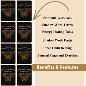 Pu&ograve; includere: Sei copertine di diario nere con disegni di farfalle dorate e la scritta "SHADOW WORK JOURNAL PROMPTS". L'immagine include anche un elenco di vantaggi e funzionalit&agrave;, come "Printable Workbook" e "Inner Child Healing."