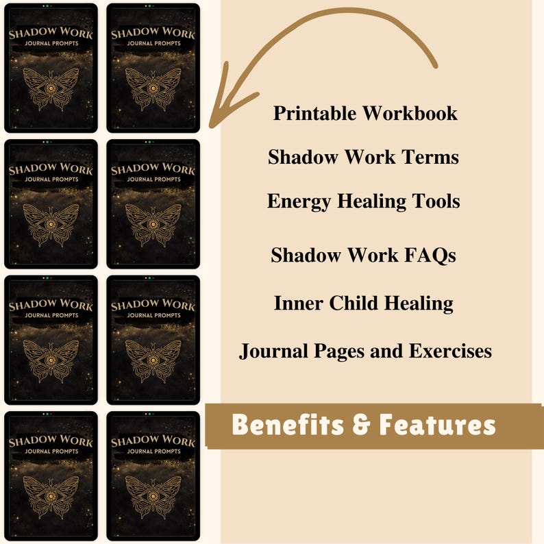 Pu&ograve; includere: Sei copertine di diario nere con disegni di farfalle dorate e la scritta "SHADOW WORK JOURNAL PROMPTS". L'immagine include anche un elenco di vantaggi e funzionalit&agrave;, come "Printable Workbook" e "Inner Child Healing."