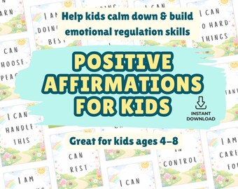 Positiva bekräftelsekort för barn, lärare och terapeuter, bekräftelsekort för tankesätt för åldrarna 4-8, terapibekräftelser, ADHD-bekräftelser i PDF-format.