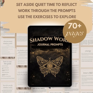 Pu&ograve; includere: Un diario digitale con il titolo "Shadow Work Journal Prompts" e un design a farfalla dorata. Il testo "70+ pages" &egrave; visibile. L'immagine include anche istruzioni per l'uso del diario.